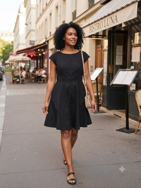 Pukavt Classic Black Fit-and-Flare Dress w Cap Sleeves